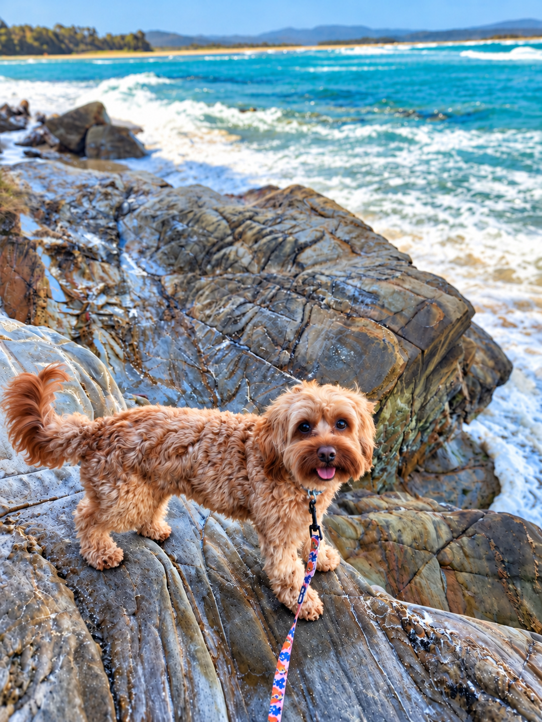 Jimmy the cavoodle exploring coastal rocks beside the turquoise sea